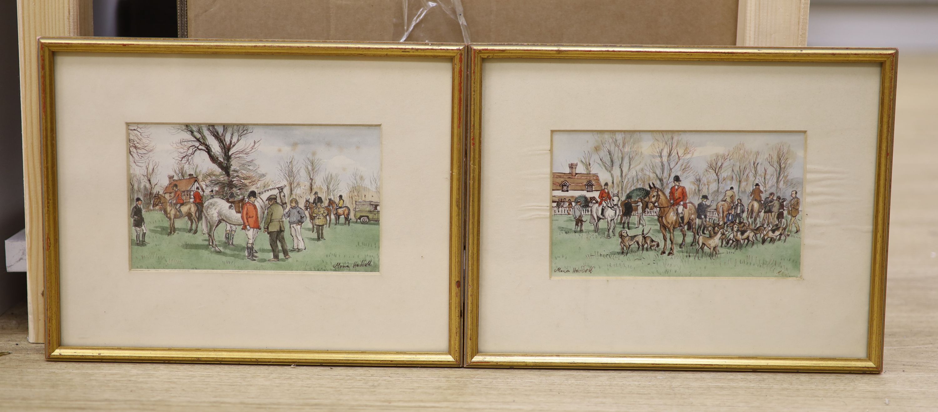 Moira Hoddell, two watercolours, 'The Meet at Offham' and 'Hunting Folk', signed, largest 10 x 17cm